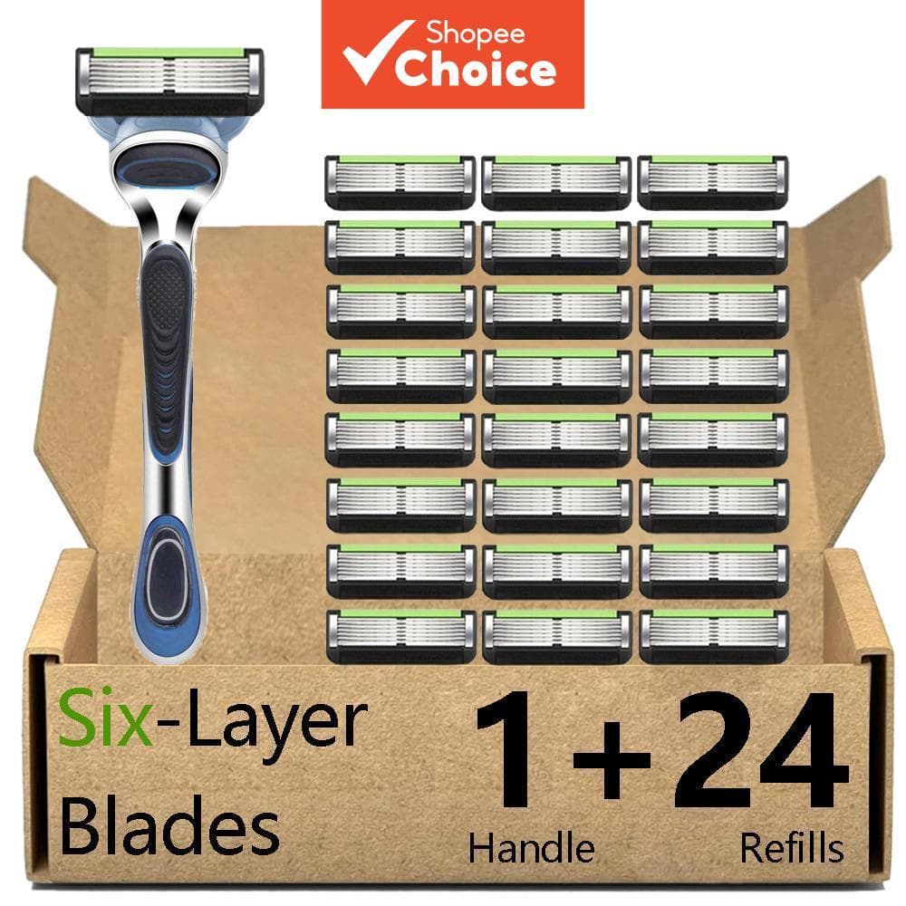 Conjunto De Barbeador Manual Seguro Masculino – 1 Alça E 24 Lâminas , Aço Inoxidável Lavável/Substituível , Elegante Dur