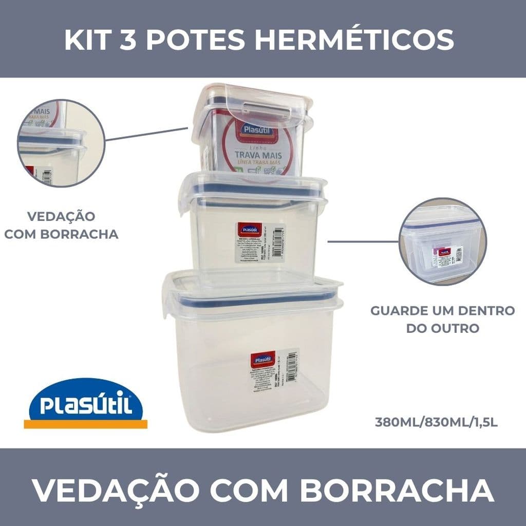 Kit 3 Potes para alimentos organizador com trava Plasútil