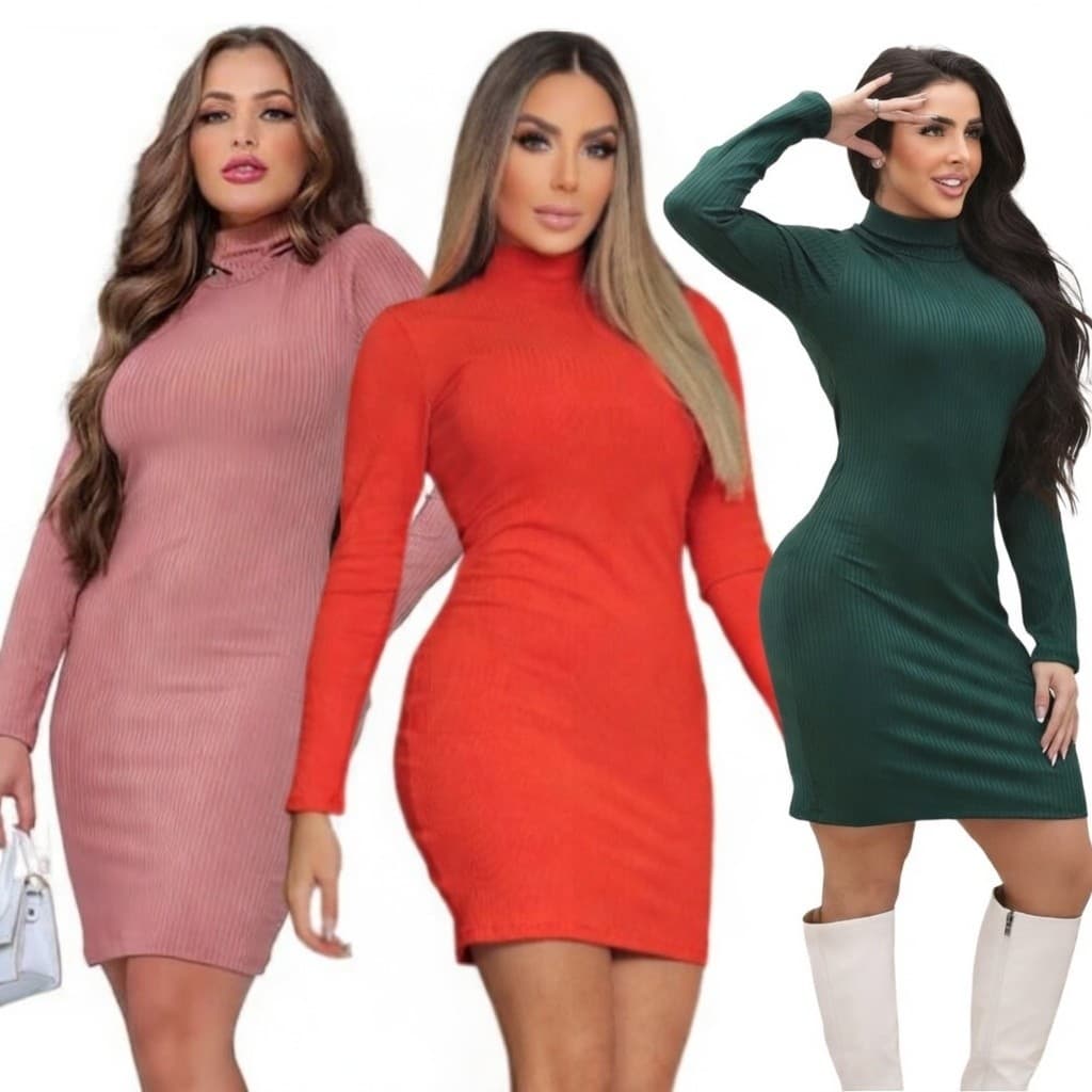 2 Vestidos Canelado Manga Longa Gola Alta Tubinho Cor Sortida Casual