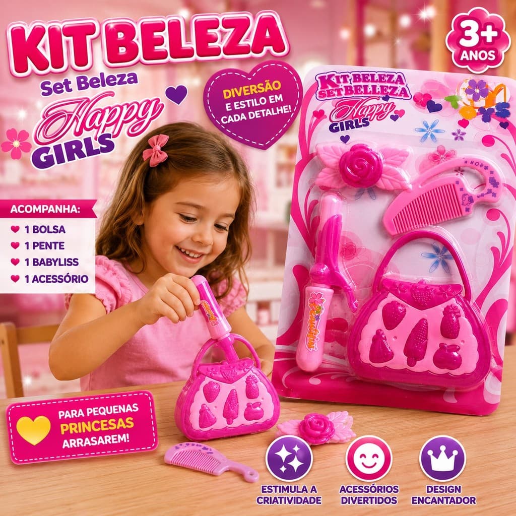 Kit Beleza Infantil com Bolsa, Pente, Babyliss e Presilha Acessórios de Beleza Brinquedo para Crianças