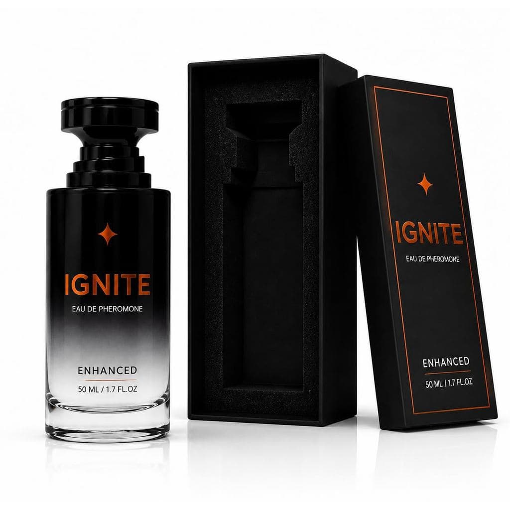 Colônia Masculina EnhancedIgnite, com notas quentes de açafrão e madeira de âmbar, uma eau de parfum de longa duração.