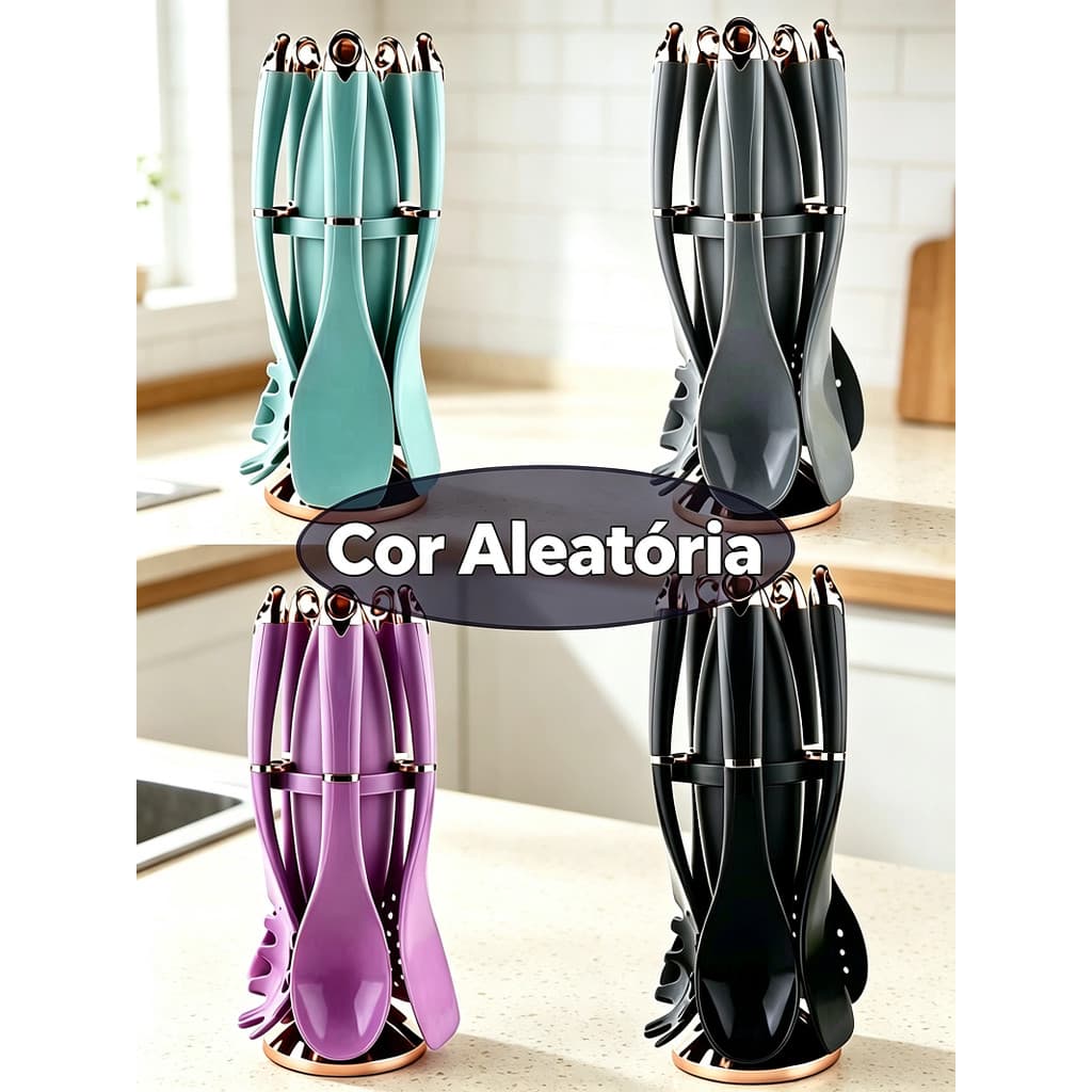 Utensílios Cozinha Silicone 6 Peças Com Suporte, Cor Aleatória