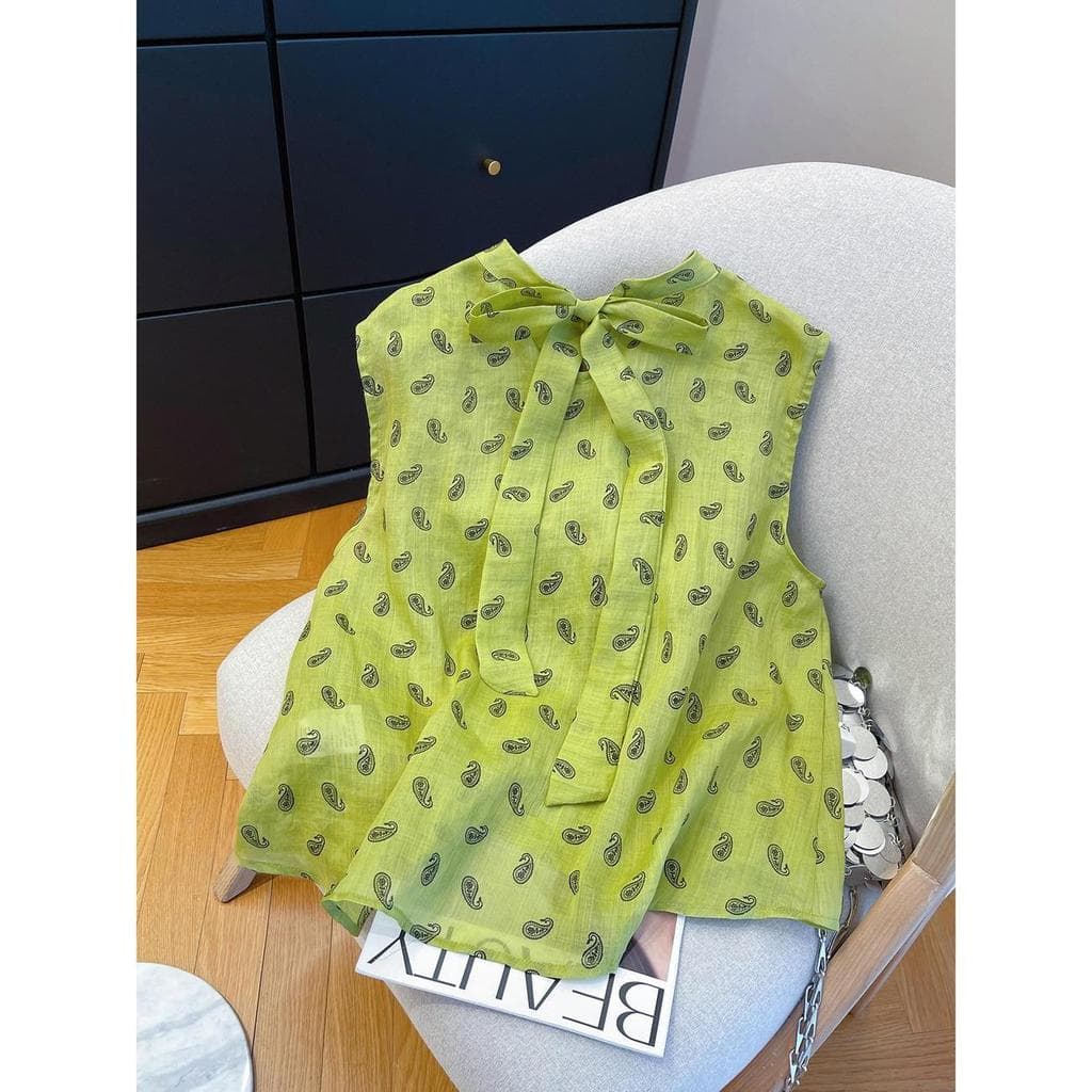[Promoção por tempo limitado] Camisa feminina de verão abacate verde caju flor sem mangas, Top solto e respirável com la