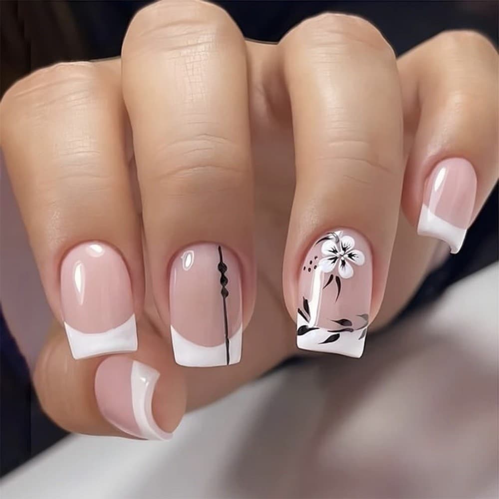 Prensa Quadrada Média Longa Em Unhas , Folha Floral , Pontas De Falsas Removíveis Francesas , Conjunto Com Ferramentas ,