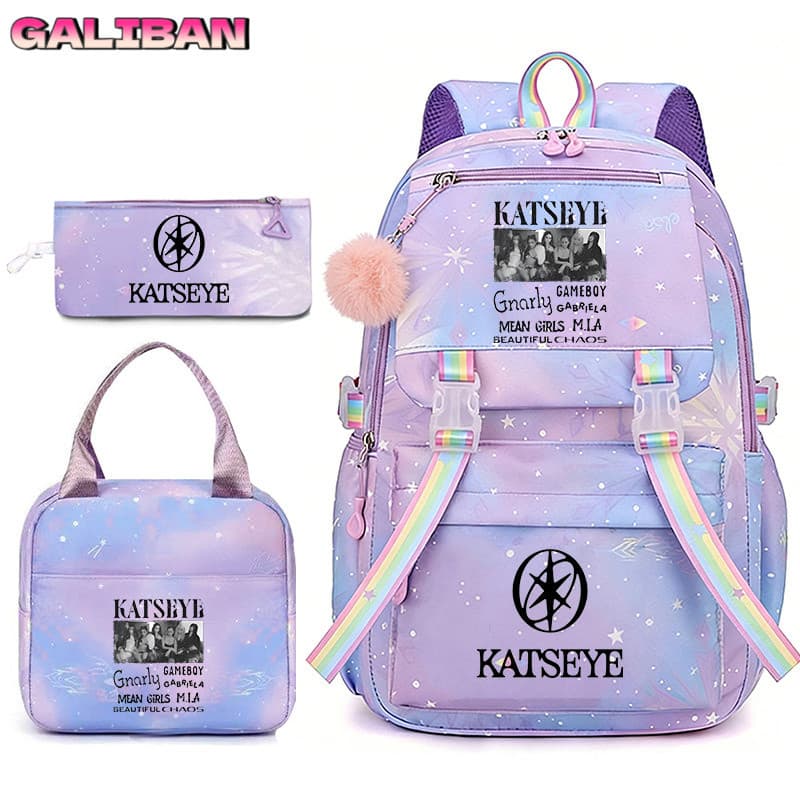 Conjunto de mochila KATSEYE com estampa de céu estrelado em degradê, incluindo estojo e bolsa para almoço, para fãs de K