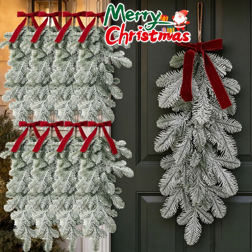 Decoração Vintage De Porta De Natal | Ramo De Pinho Em Spray De Neve Fita Veludo Vermelho Pinheiro Fosco Para Cabide DIY