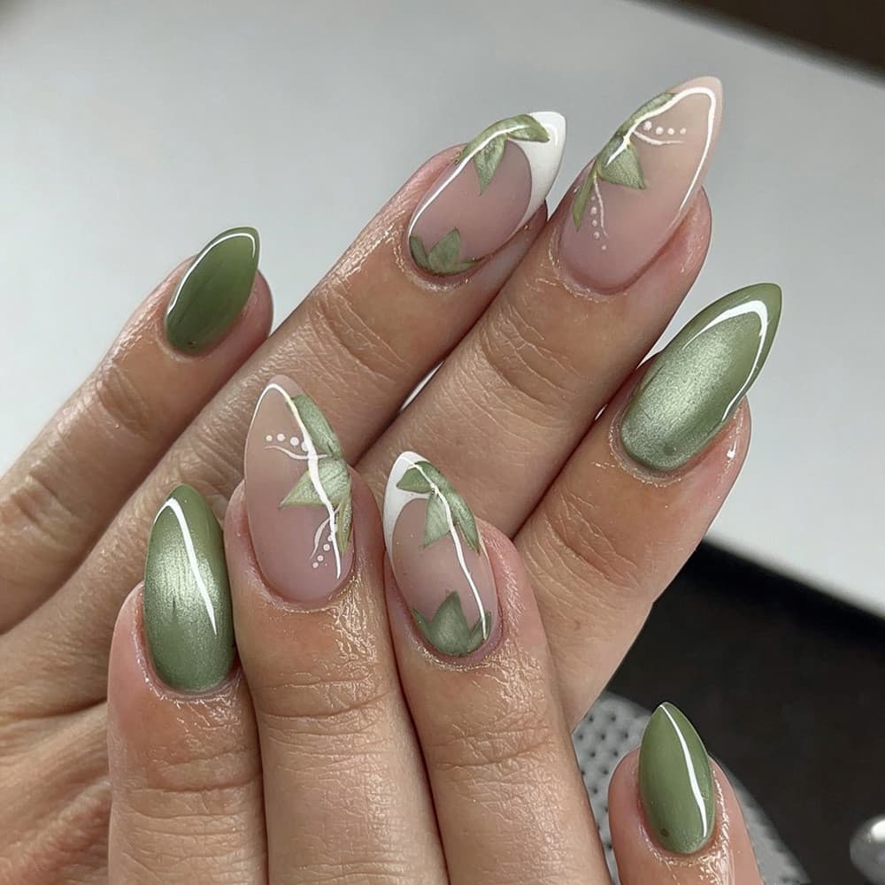 Prensa Média De Amêndoa Para Unhas , 24 Peças , Nude , Verde , Olho De Gato , Ponta Francesa , Falsas Frescas E Brilhant