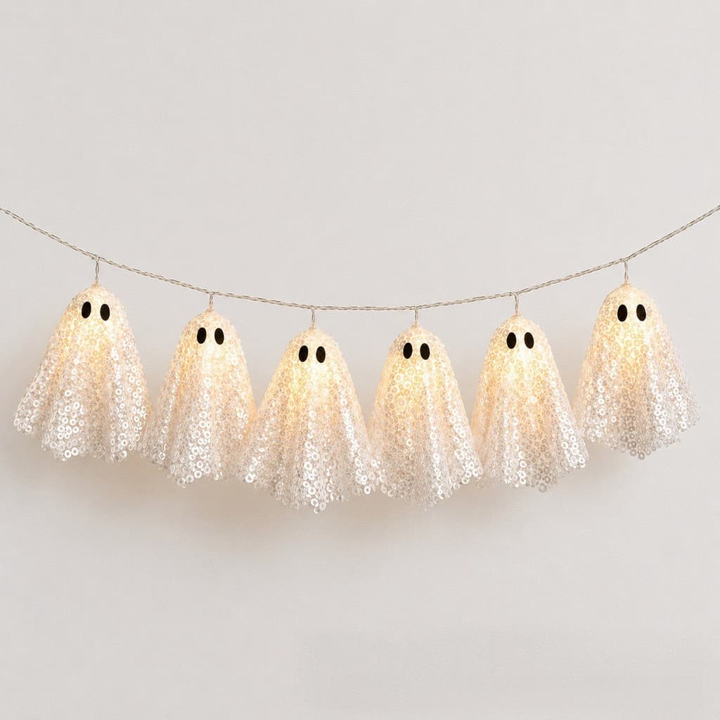 Luzes De Corda LED Fantasma De Lantejoulas 10 , Guirlanda Branca Quente , Decoração De Suspensão De Parede De Halloween