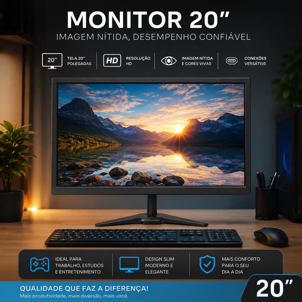Monitor 20" LED Full HD 1920x1080 HDMI VGA PC Escritório Estudo Trabalho Casa Tela Widescreen