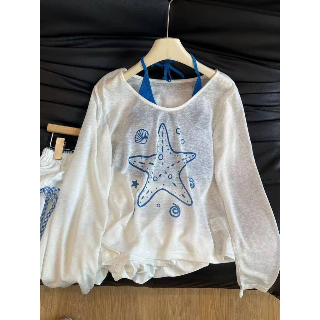 Conjunto Feminino de Verão de Duas Peças com Estampa de Estrelas, Cardigã de Manga Longa com Proteção Solar 3841 CFTP