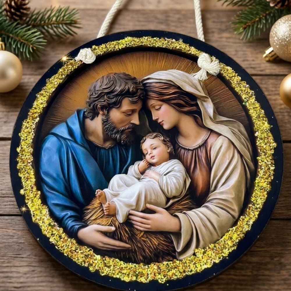 Guirlanda de Natal Religiosa Sagrada Família Presépio MDF 25cm Placa Porta Enfeite Natalino Decoração