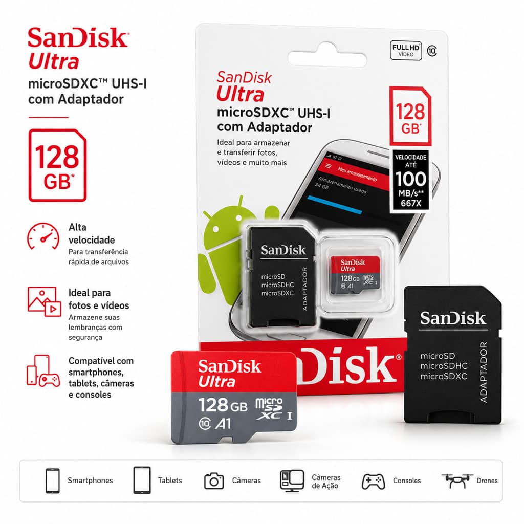 Cartão de Memória MicroSD 128GB 256GB 512GB Classe 10 A1 para Celular Câmera Drone CFTV