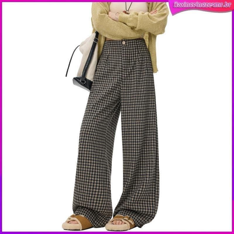 Fano Fano Calças Casuais Femininas Soltas e Relaxadas, Estilo Outono, Azul Café, com Padrão Xadrez Pequeno e Cintura com