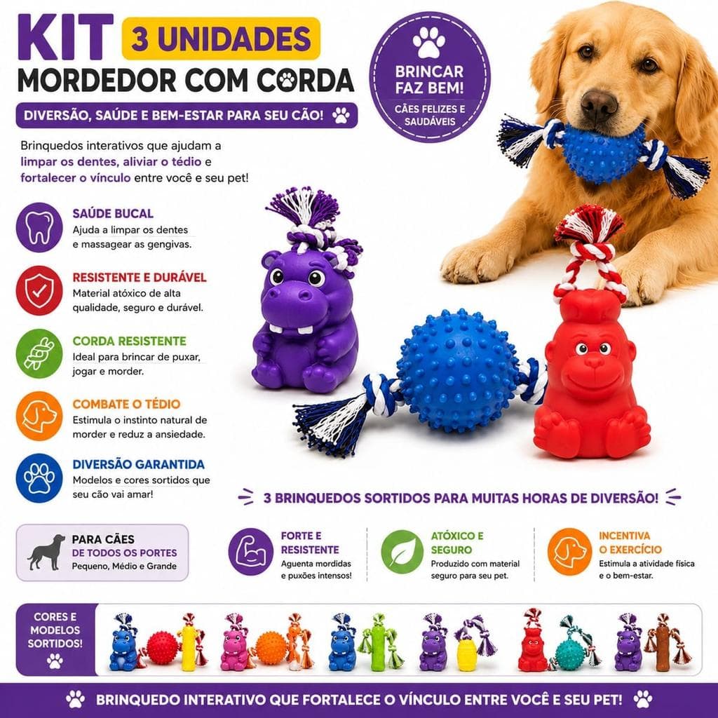 Kit 3 Brinquedos Mordedor Cravo com Corda Sortidos para Cães - Resistente, ideal para cães pequenos e médios