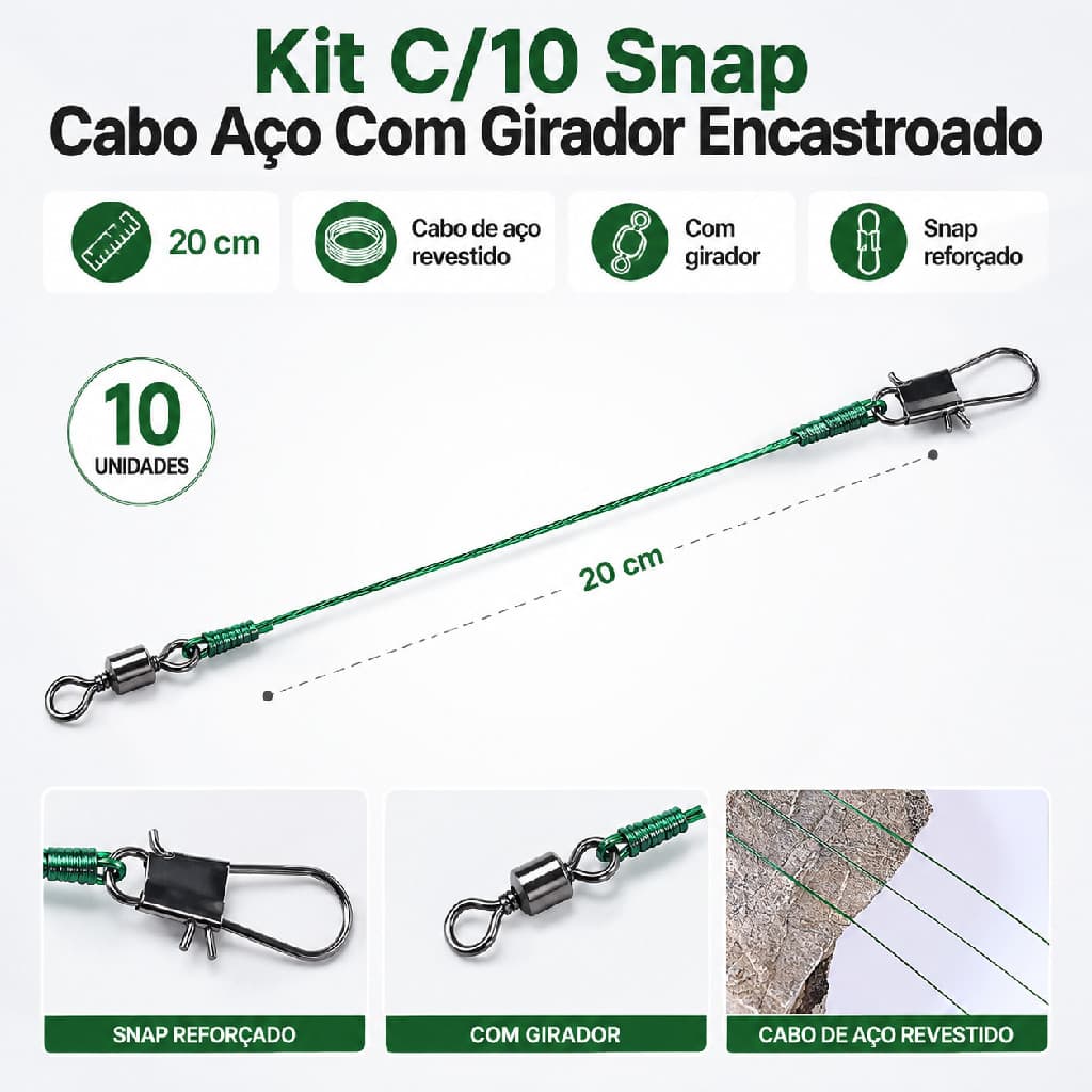 KIT 20 LINHAS PESCA AÇO ENCASTROADO COM SNAP GIRATORIO 20CM