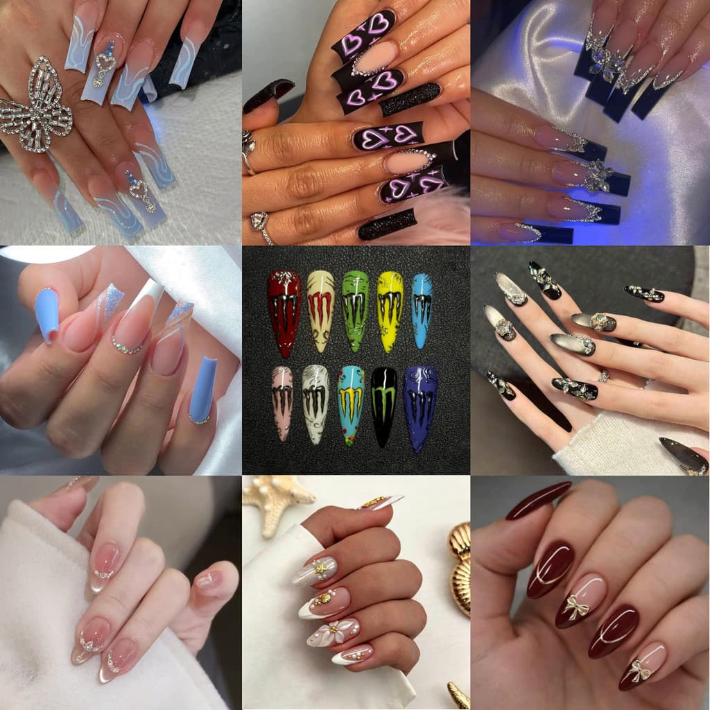 [99 Estilos] 24 Unidades De Unhas Postiças De Cobertura Completa Com Cola Caixão Quadrado Longo Falsas Francesas Destacá