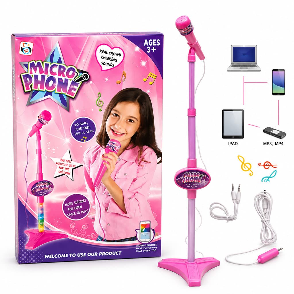 Microfone Infantil Karaokê Pedestal Caixa de Som LED Brinquedo Menina Conecta Celular MP3