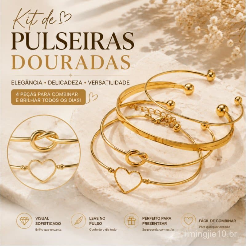 Conjunto de 4 Pulseiras Femininas com Coração e Nó Ajustável – Kit Minimalista Empilhável, Presente Elegante