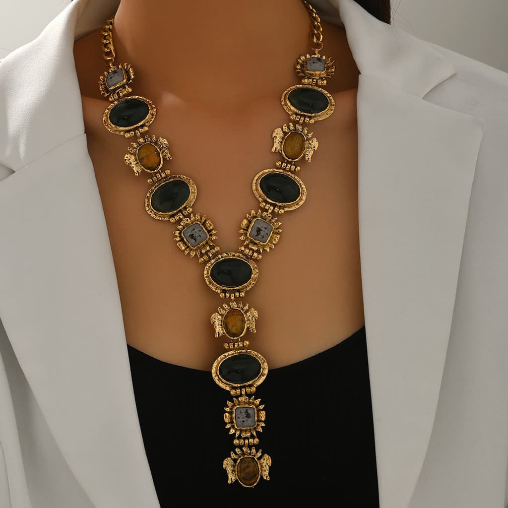 Novo estilo de colar retrô, pedra preciosa de imitação incrustada em liga, estilo feminino de corrente longa elegante, c