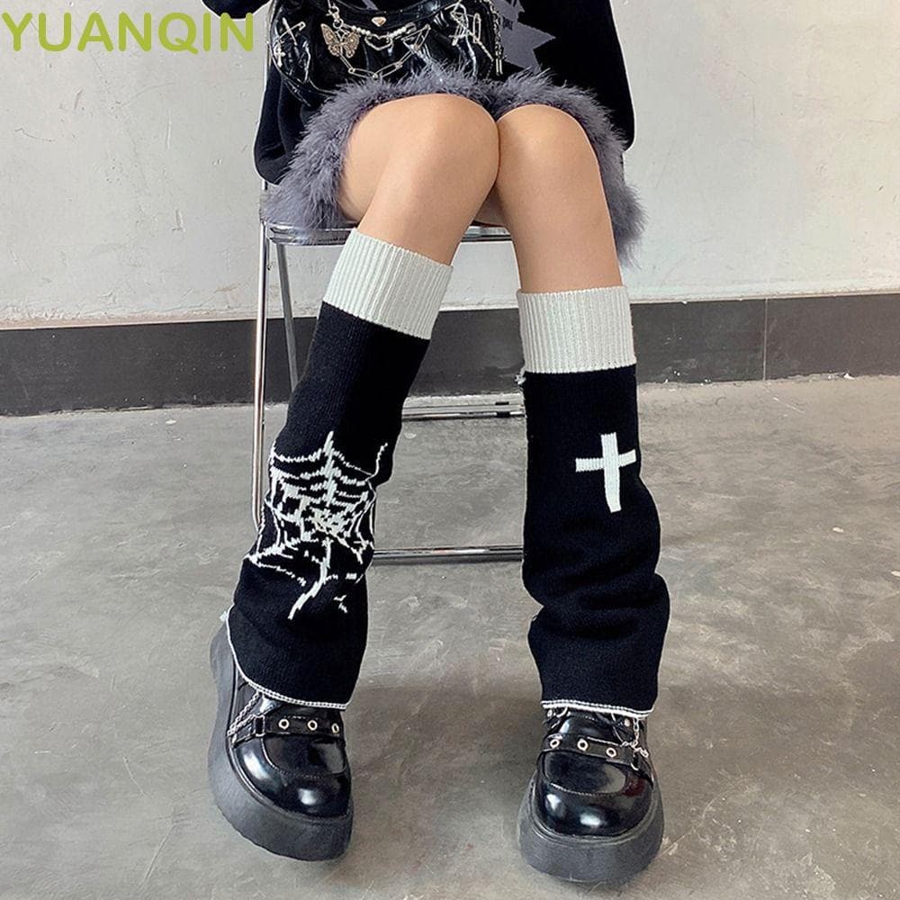 YUANQINZT Polainas de Tricô Estilo Punk Kawaii com Cruz, Estrela e Caveira, Estilo Harajuku Lolita para Meninas e Mulher