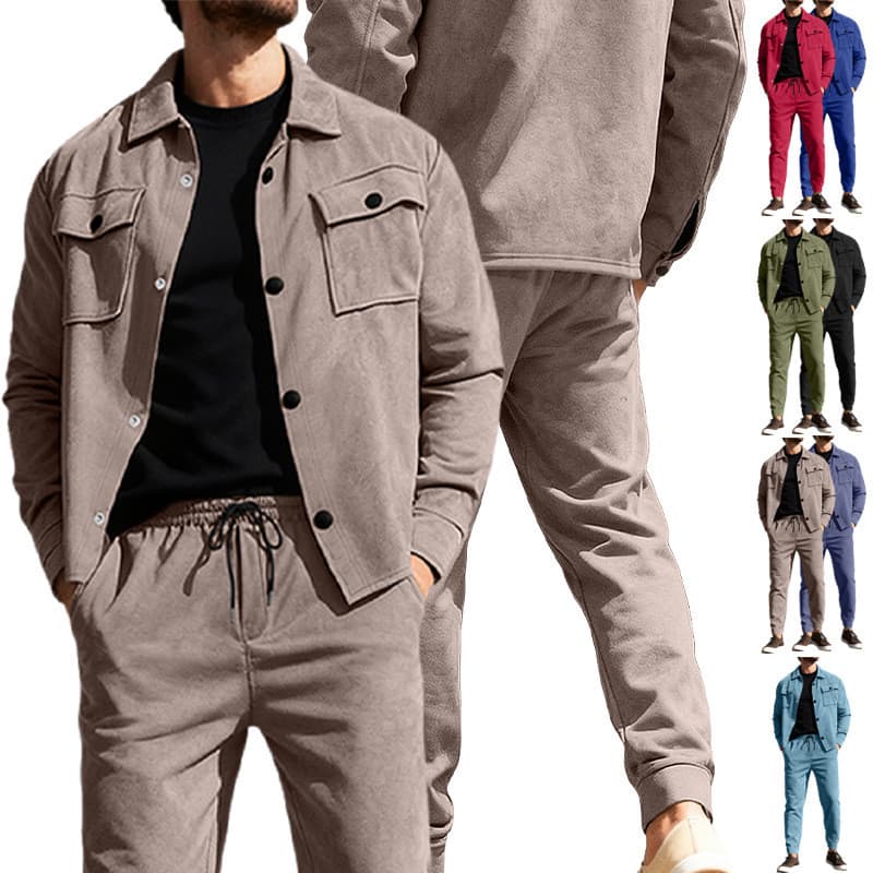 [Venda quente] Capa de trabalho cor sólida Casual esportiva camurça calça jaqueta com botão de negócios [envio rápido]