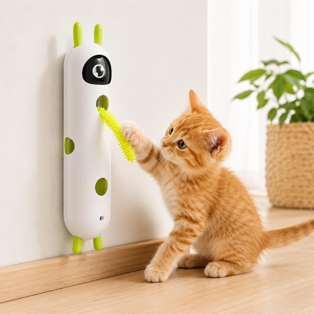 Brinquedo Interativo para Gatos com Ventosa e Pena Retrátil | Brinquedo de Parede com Sucção Forte