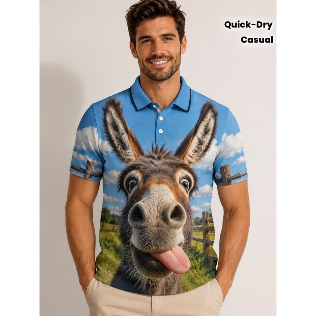 Camisas polo masculinas impressas em 3D, camisas polo engraçadas com estampa de burro, blusas funcionais de manga curta