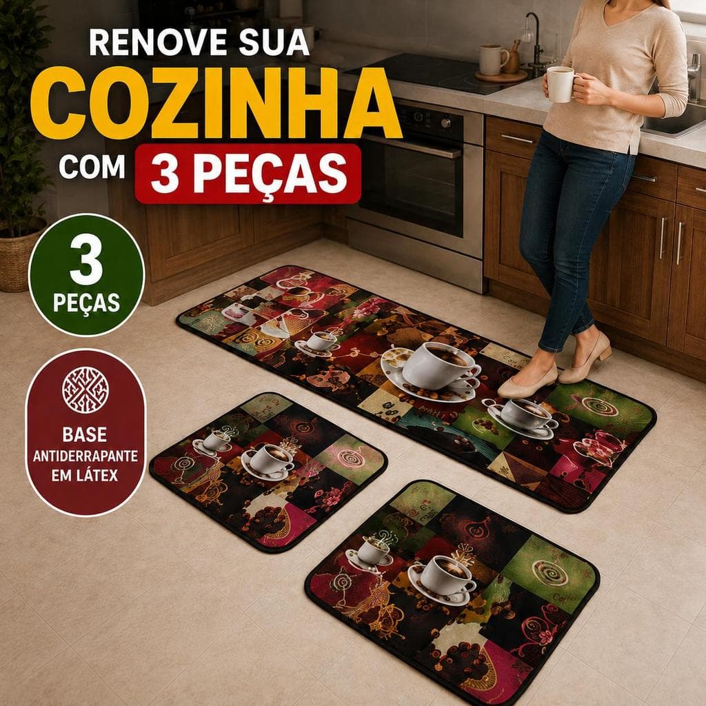 Jogo de Tapete para Cozinha 3 Peças Antiderrapante com Passadeira