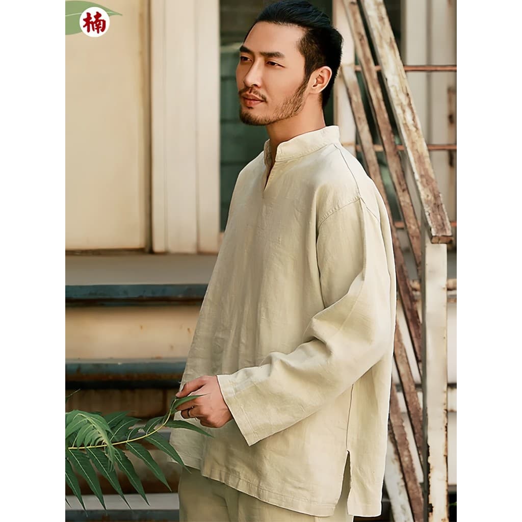 Nan Tang terno estilo chinês masculino literário Retro outono novo estilo topo Ramie camisa de manga comprida linho com
