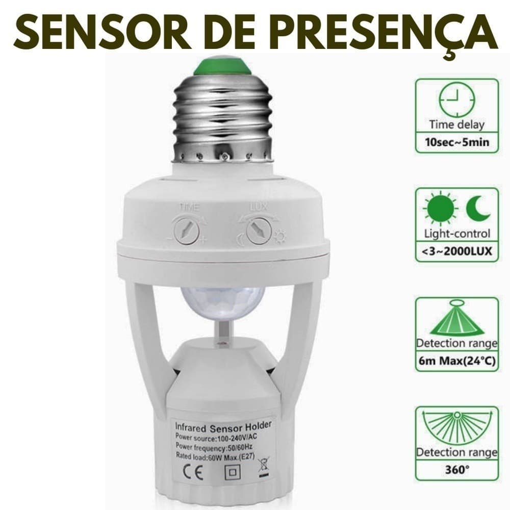 Sensor de Presença E27 Instalação Fácil Sem Fio Bocal Inteligente Para Lâmpada Bivolt