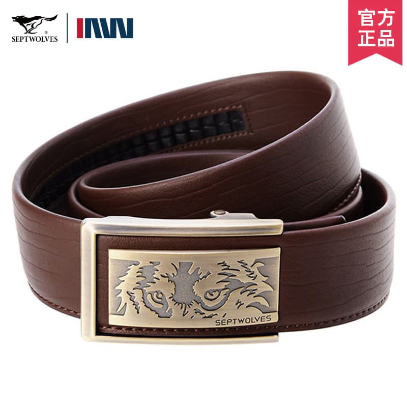Autêntico sete lobo cinto masculino de couro genuíno Casual fivela interna calças de couro cinto fivela automática roupa