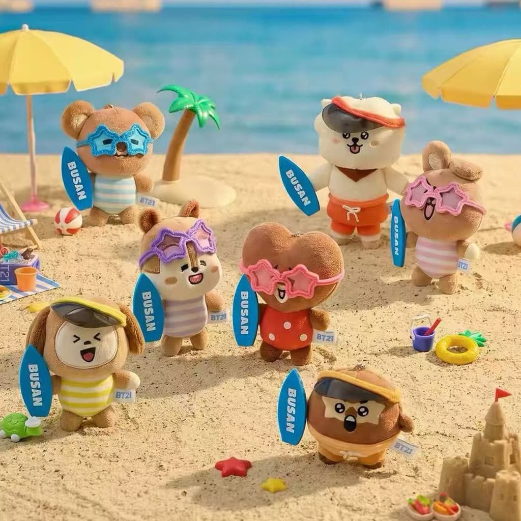 BT21 BTS Bonito verão prancha de surf chaveiro de pelúcia série praia boneca de pelúcia