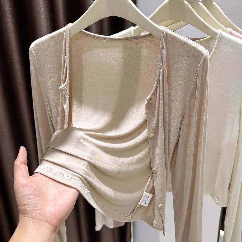 Modal algodão Super elástico jaqueta de pele Cardigan estilo fino feminino primavera outono feminino Suspender saia exte