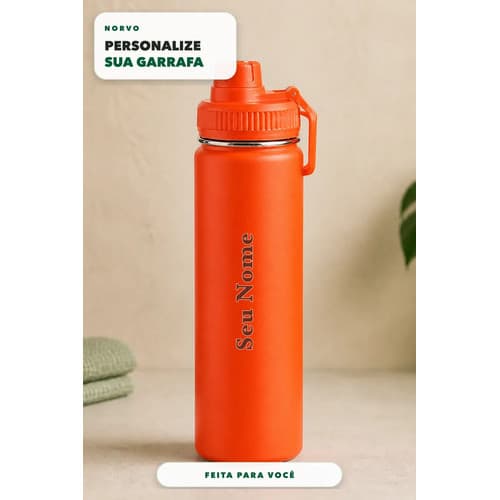Garrafa Térmica Inox 570ml Personalizada com Nome e Ícone Laranja, Squeeze Academia, Trabalho, Viagem e Presente