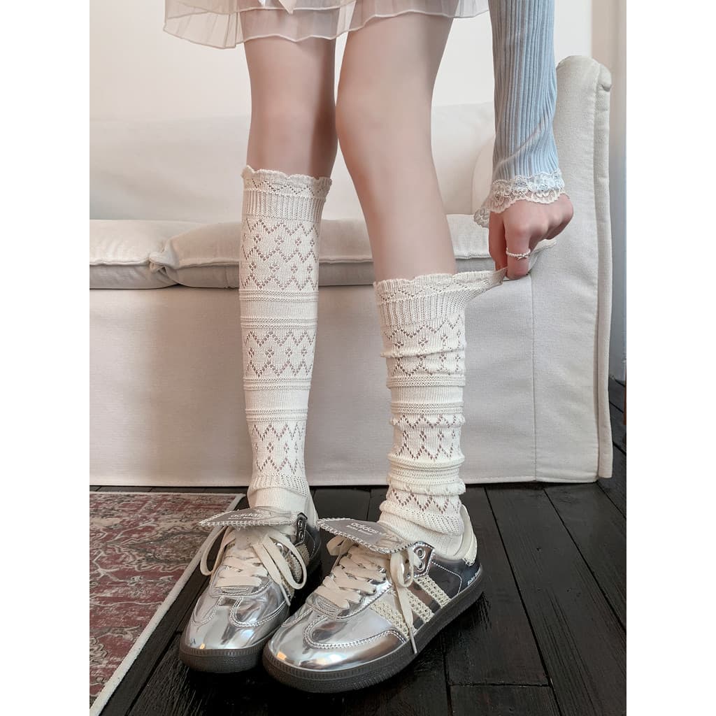 Branco estilo Ballet rendas bezerro meias femininas primavera verão estilo fino japonês Retro oco malha respirável longo