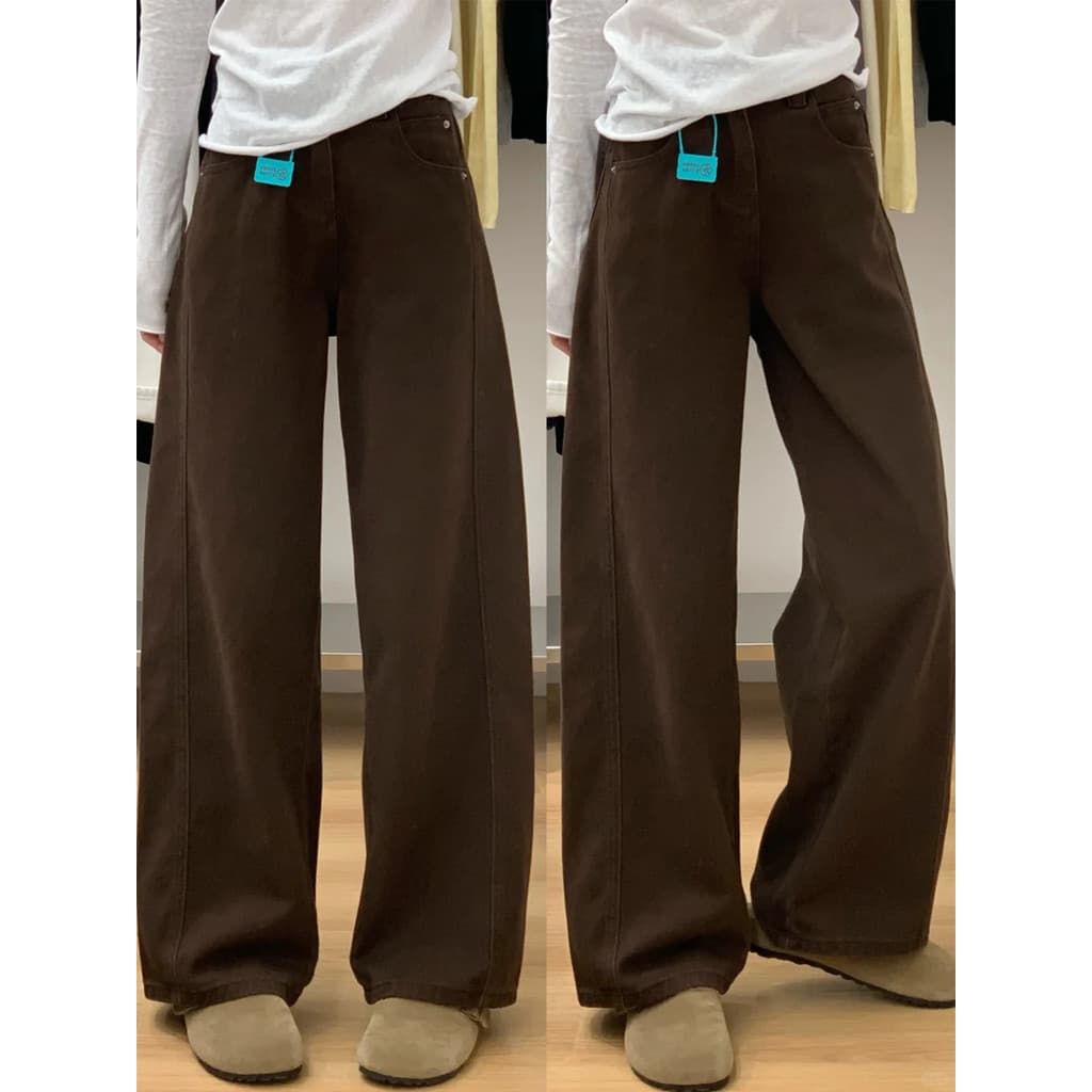Calça marrom Melade Jeans feminina de lã Machete calça formato de pêra calça reta tamanho grande calça larga marrom
