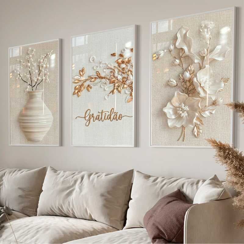 Kit 3 Quadros Decorativos Modernos Ramos De Trigo Gratidão E Prosperidade Branco