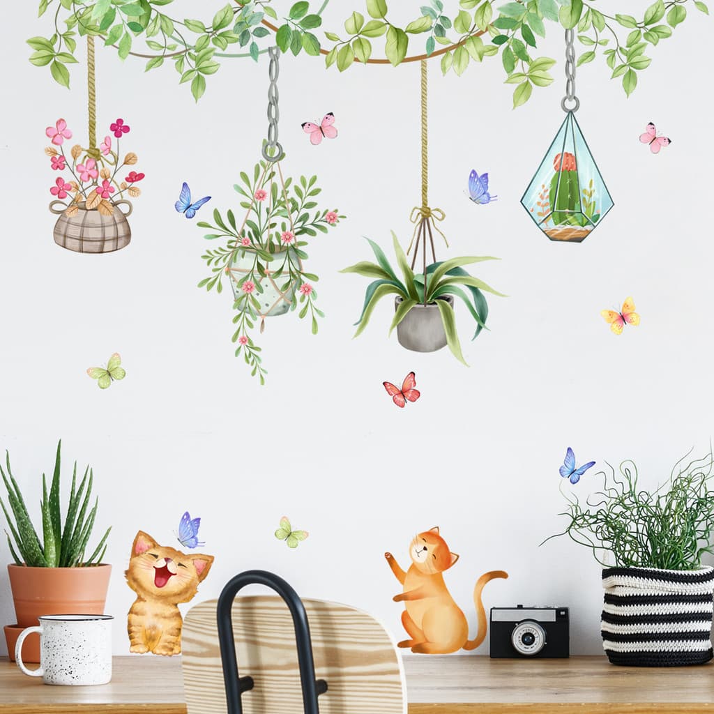 Adesivos de parede planta verde vaso gato adesivos de parede sala de estar quarto decoração auto-adesivo adesivos de par