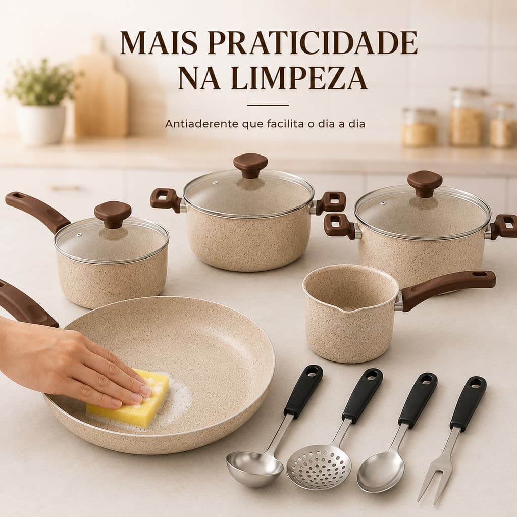 Jogo de Panelas 9 Peças Completo com Tampa de Vidro Frigideira Fervedor e Utensílios de Cozinha