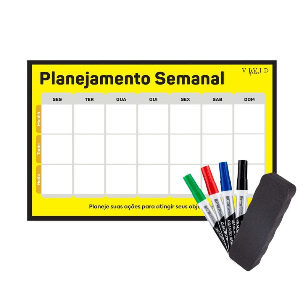 Kit Planner semanal amarelo 60x40 + 4 canetas + 1 apagador