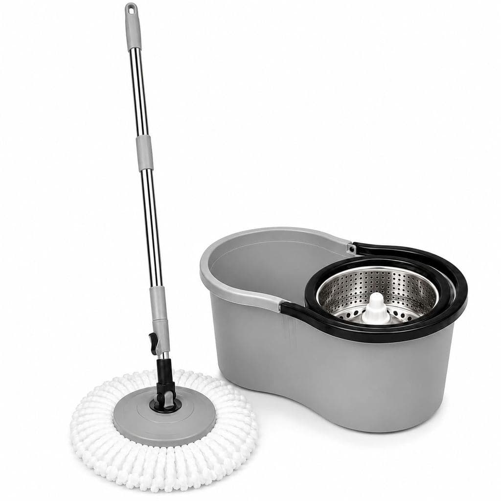 Mop Giratório 360° Balde 8 Litros Centrífuga Cesto Inox Esfregão Cinza