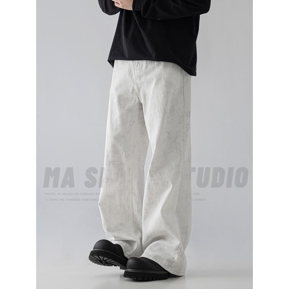 Americano Retro High Street sujo fazer sujo lavado mármore padrão escuro Drape em linha reta calças casuais masculinas c