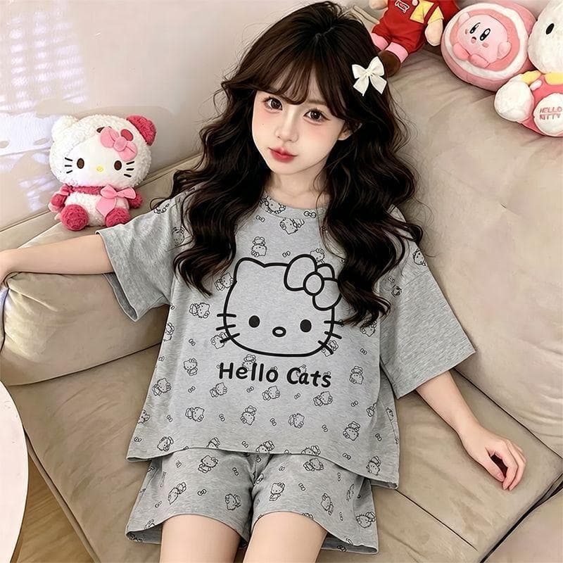 [All-Match infantil] 2026 Pijama feminino de verão estilo fino desenho animado médio grande Shorts infantis de manga cur
