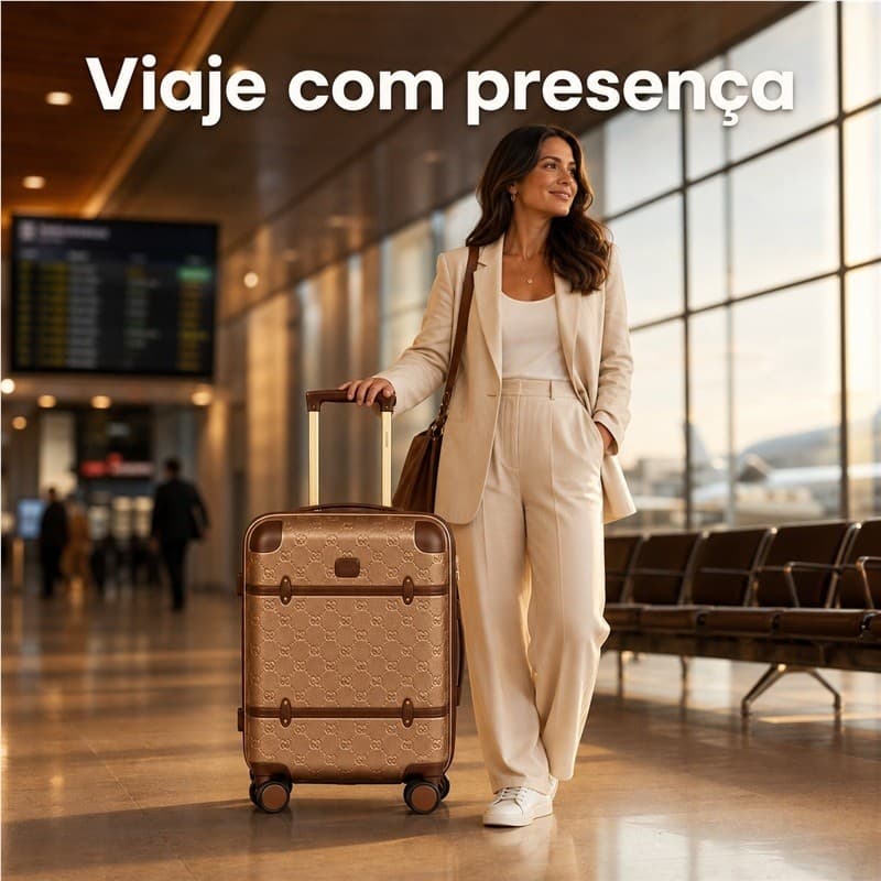Mala de Bordo 20 Polegadas Café Estampa Monograma Luxo com Rodinhas 360° e Alça Retrátil