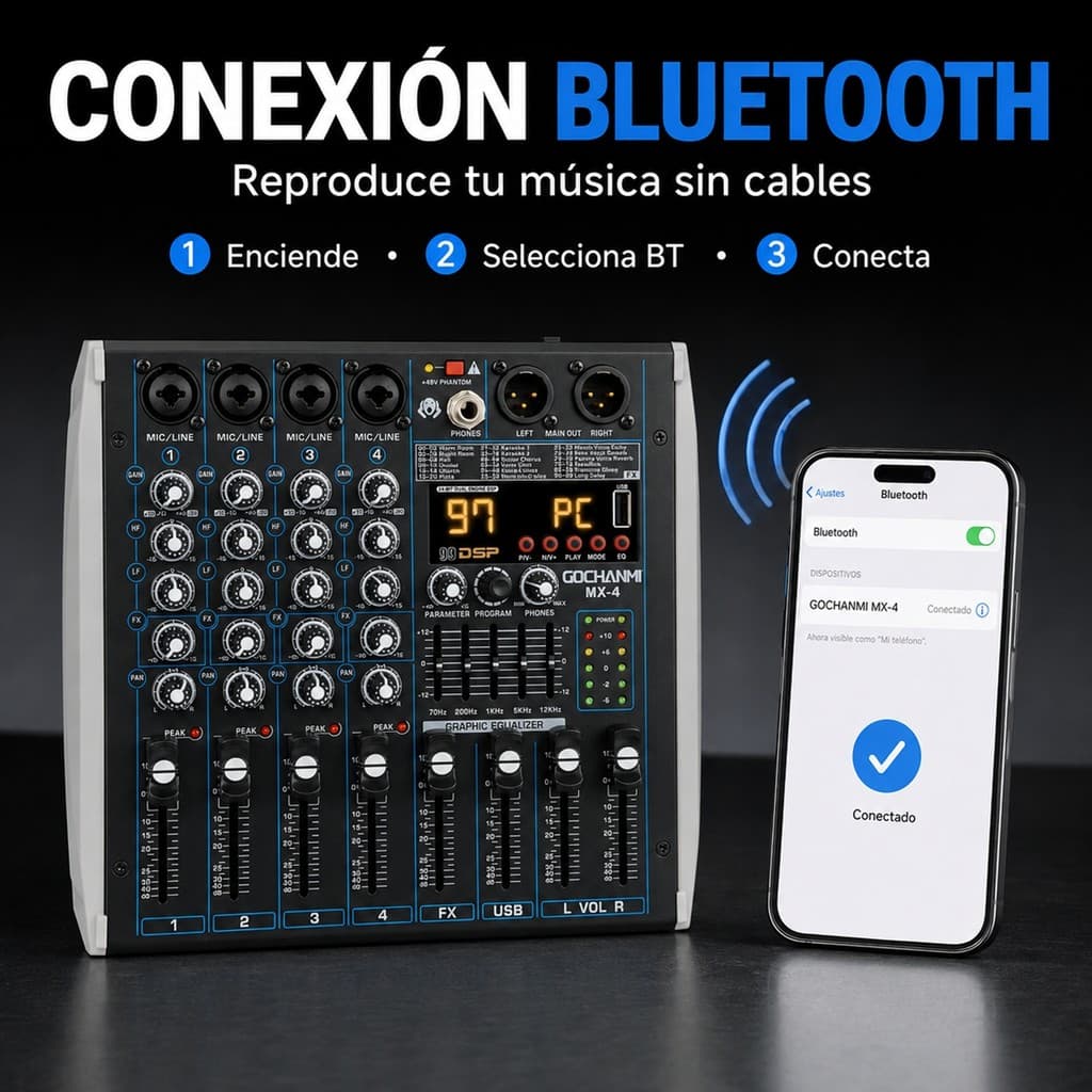 Bluetooth Mesa de Som MX4 4 Canais com 99 DSP - Interface USB, 48V Phantom Power, Bivolt