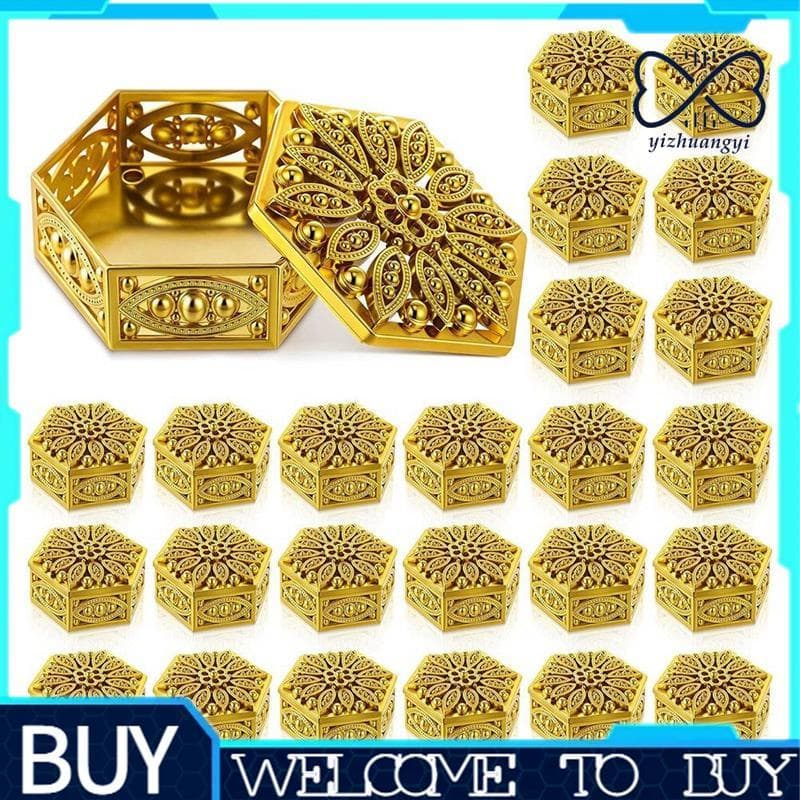 Caixa Hexagonal Dourada Decorativa 24 Peças Para Pooja Recipientes De Doces Vazados Em Massa Presente De Retorno Indiano