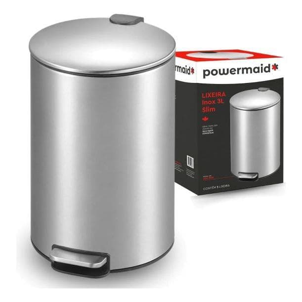 Lixeira Inox Slim com pedal, disponível em 3L e 5L. Ideal para banheiro, lavabo, cozinha e escritório. Produto compacto,