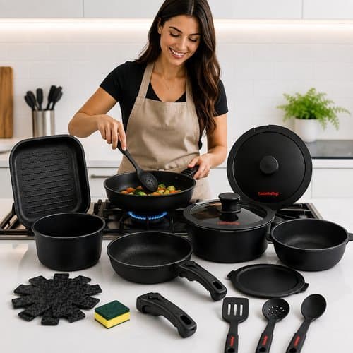 Super Kit Conjunto Panelas Alumínio Antiaderente 17 Peças Preto Utensílios Cozinha Completo