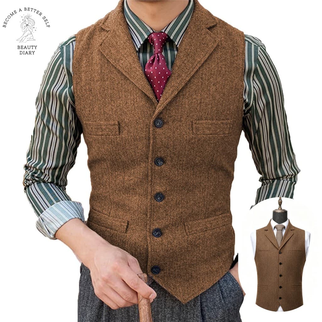 Masculino Lapela Espinha De Peixe Terno Colete Fino Ajuste Único Breasted Negócios Casual Sem Mangas Formal