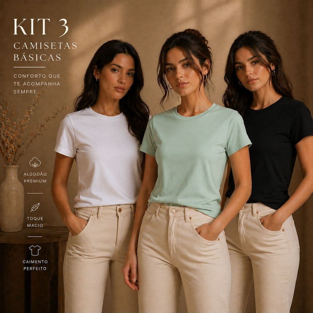 Kit 3 T-shirt Lisa Peruana 40.1 Cotton Pima Sem Estampa Feminina Baby Look Tee Camisa Unissex Blusinha Colorida